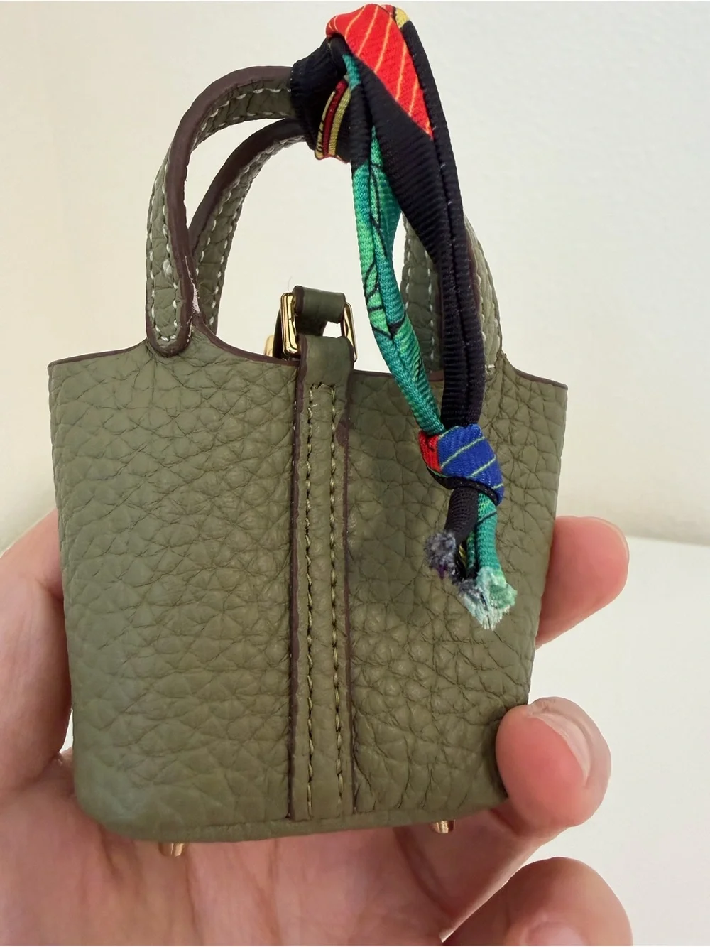Top Grain Leather Mini Tote Bag Charm Olive Green Mini Purse Charm